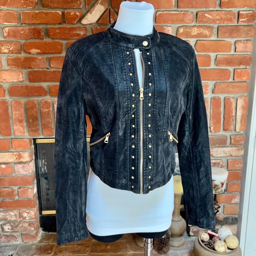 Black MOD Steampunk COUTURE Cropped Studded Moto Rock Faux Leather Jacke… - Picture 10 of 12